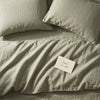 Soft sage green bed linen set seen from above