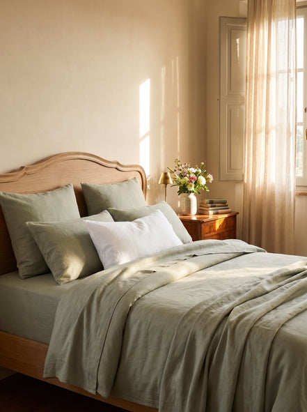 Sage green washed linen bedding in morning light, carved headboard