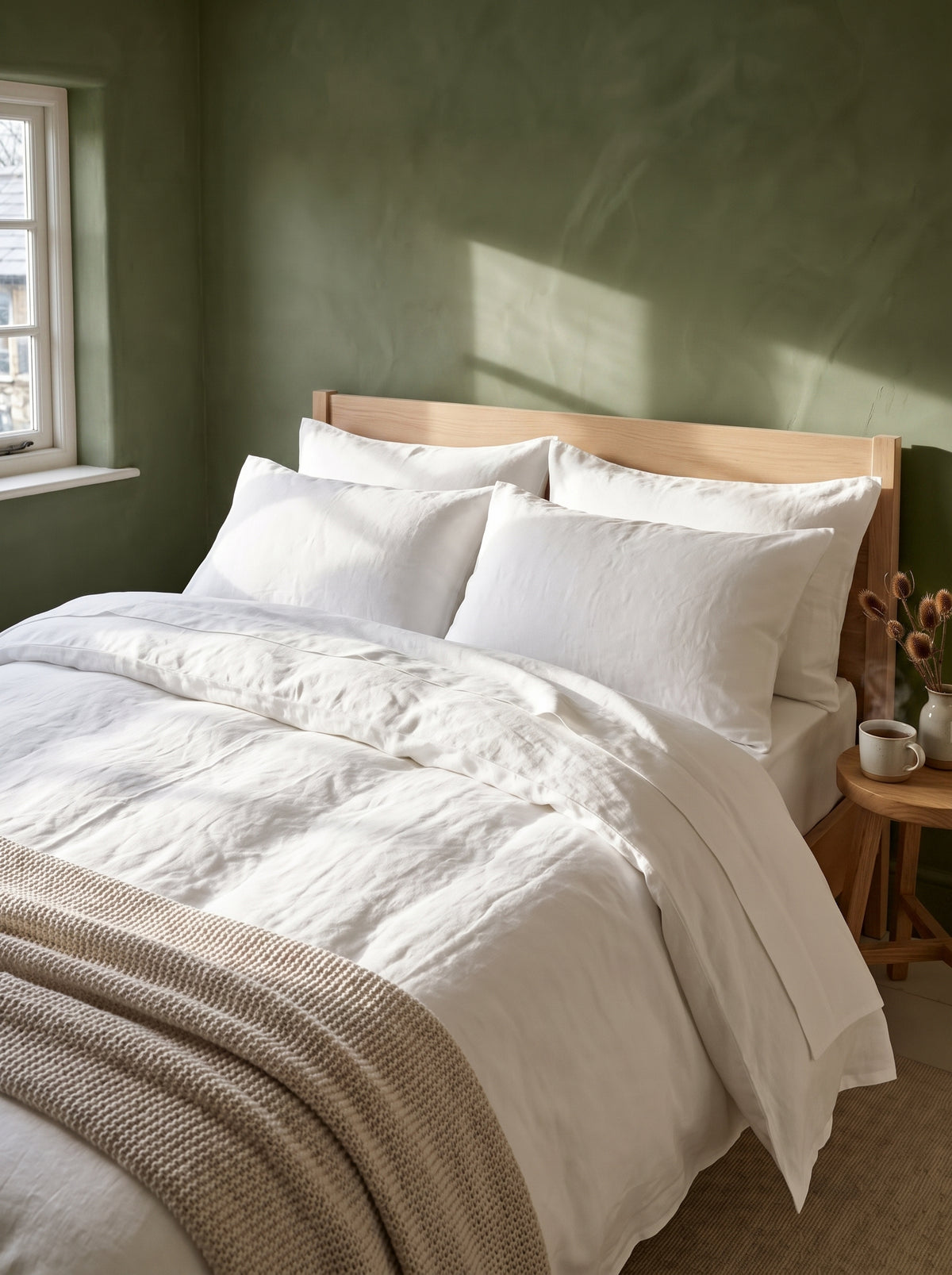 Warm white washed linen bedding in a cottage bedroom with olive walls, morning light
