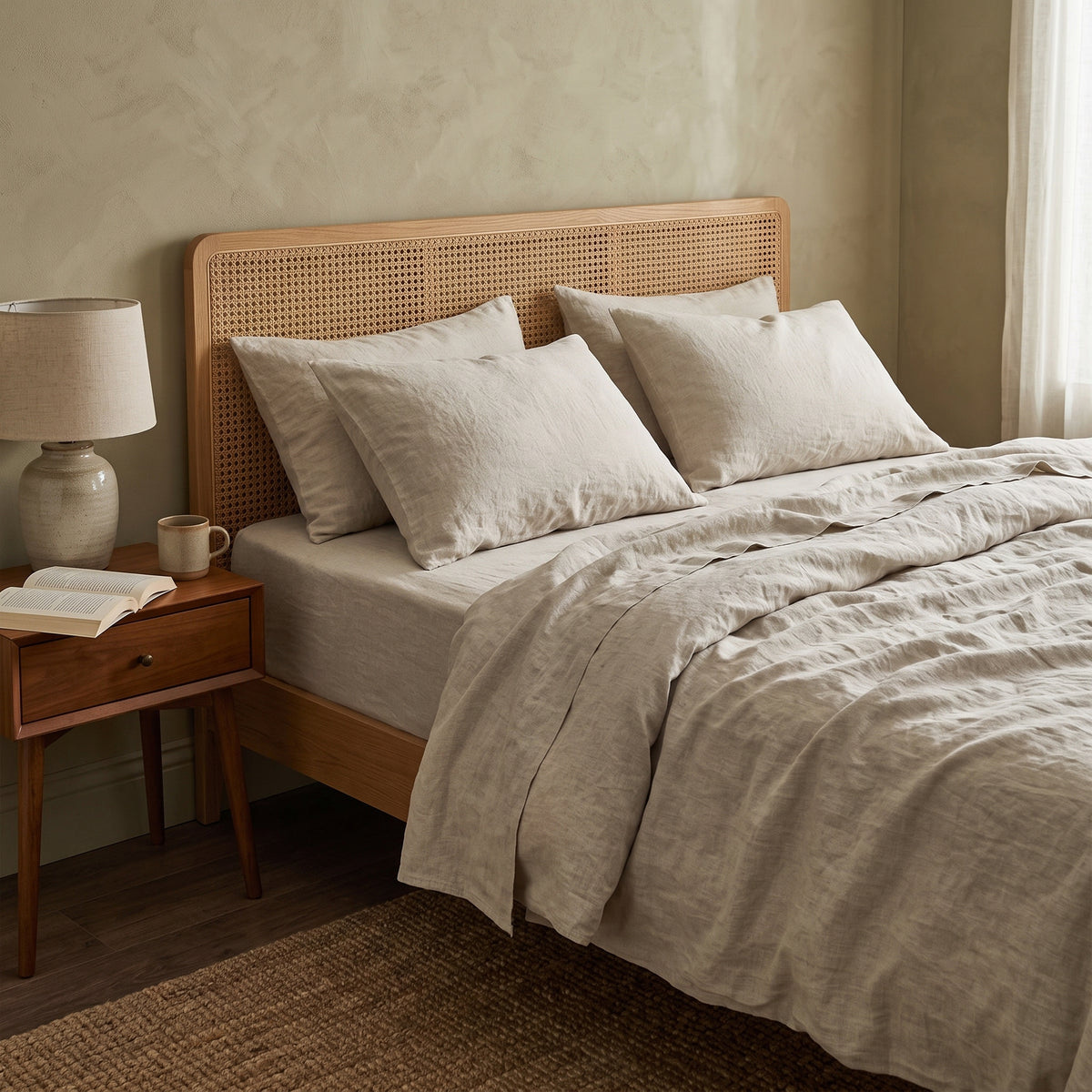 Oatmeal duvet cover on a low wooden bed beside a curtained window