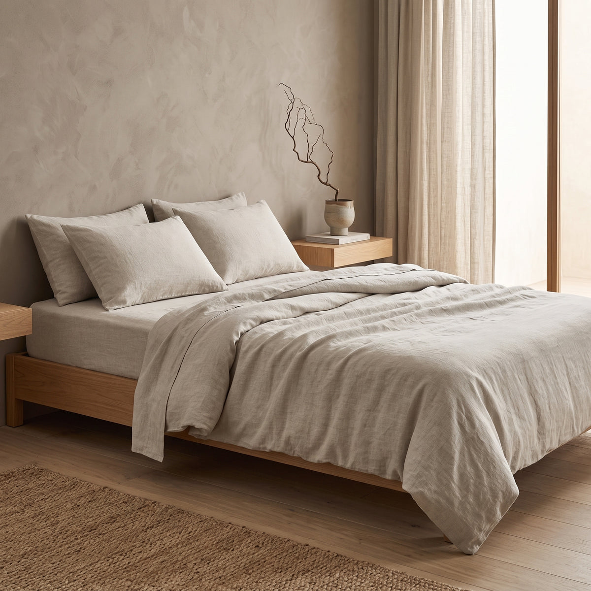 Double bed made up in the full pale oatmeal linen set