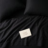 Deep black bed linen set seen from above