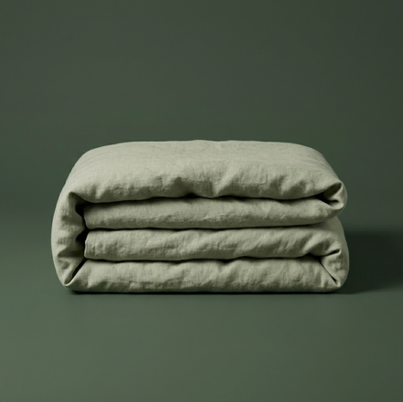 Close view of the corner of the sage green duvet cover folded back over a pillow