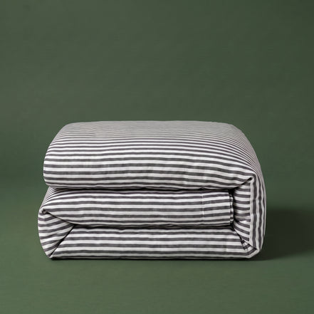 Deep charcoal striped washed linen bedding set, second product photograph