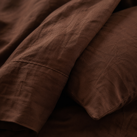 Close view of the corner of the deep brown duvet cover folded back over a pillow