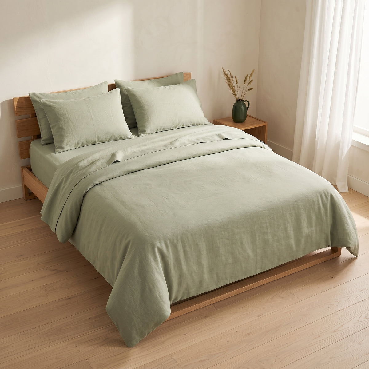 Double bed made up in the full sage green linen set