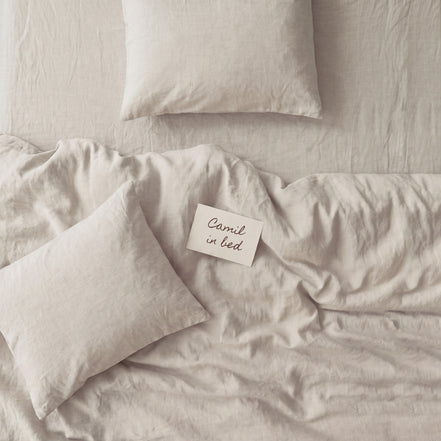 Pale oatmeal washed linen bedding set, product photograph