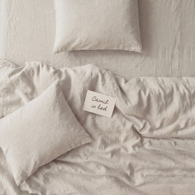 Pale oatmeal washed linen bedding set, product photograph