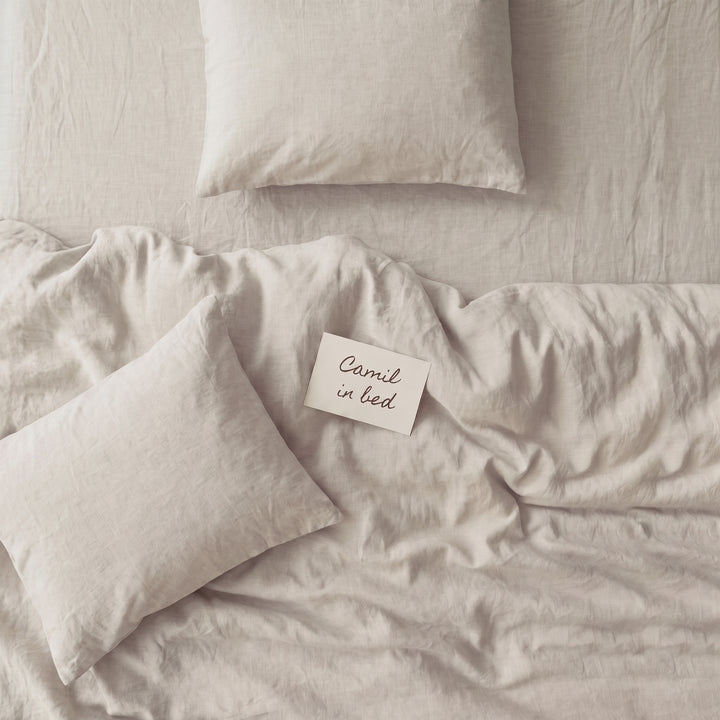 Pale oatmeal washed linen bedding set, product photograph