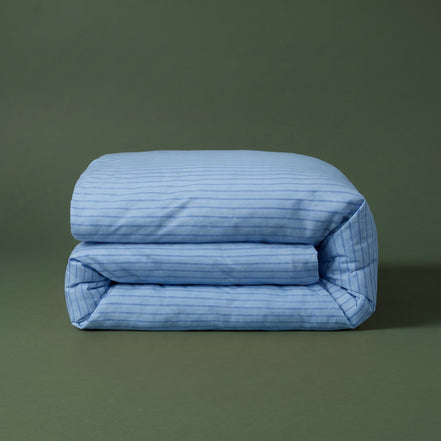 Pale blue striped washed linen bedding set, product photograph