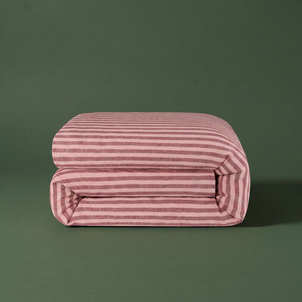 Dusty terracotta striped washed linen bedding set, product photograph
