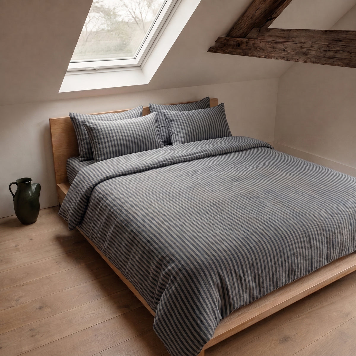 Deep charcoal striped washed linen bedding set, product photograph