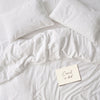 Warm white bed linen set laid out, duvet cover and pillowcases seen from above