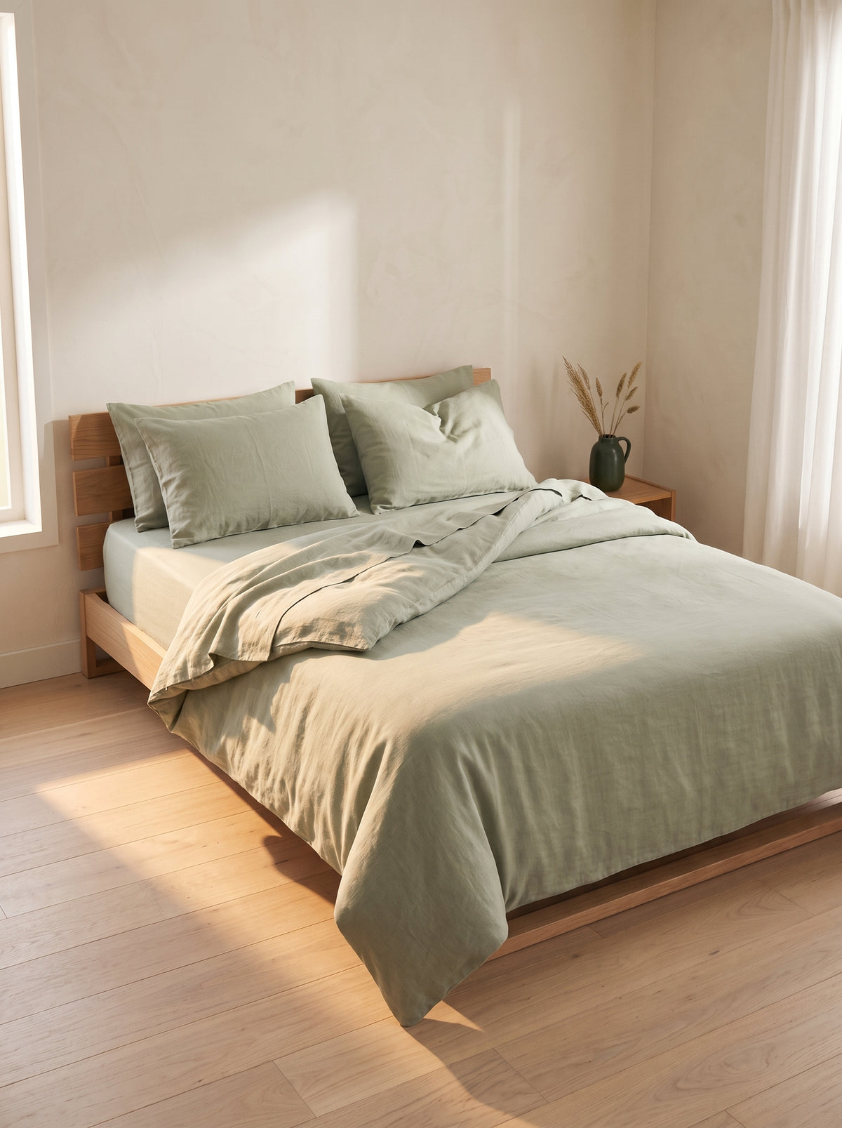 Sage green washed linen bedding, duvet turned back in morning light